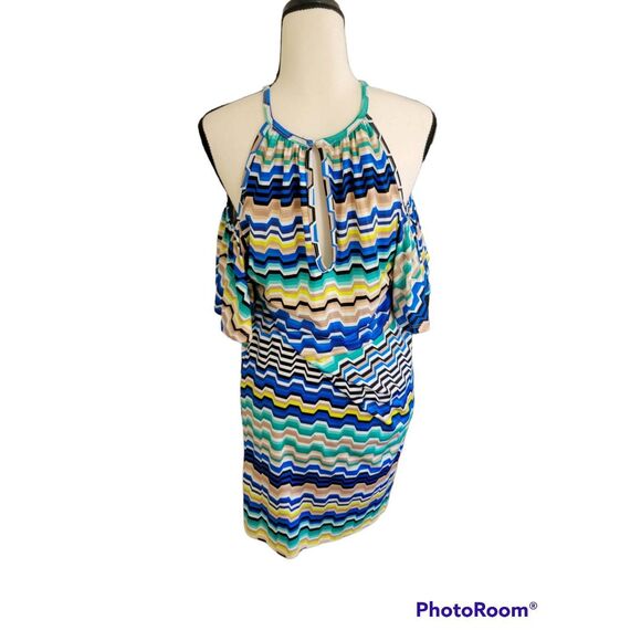 Trina Turk Sz S Abstract Polyester Cold Shoulder Halter Sun Dress - Picture 3 of 6